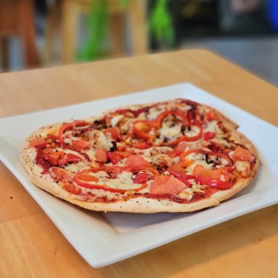 Crispy flatbread veggie pizza.
