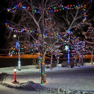 Lake side light display with town hall in the background.