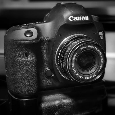 Needs a bit of cleaning up, but my vintage Asahi Pentax lenses are now a go on the Canon EOS 5D Mk III. Modded the Pk to EF mount adapter using a borrowed Dremel. I have to mount the lens ninety degrees off kilter, but it is otherwise workable.