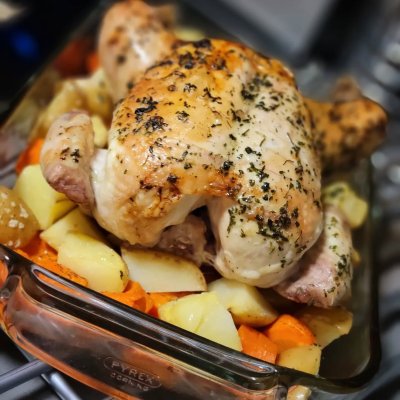 Roast chicken and vegetables for supper.