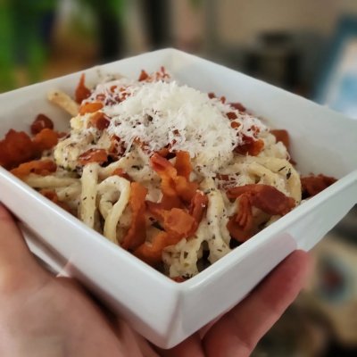 Linguini carbonara with scratch made pasta.