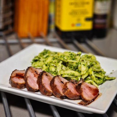 Chinese BBQ pork and scratch made linguini with homemade basil pesto.